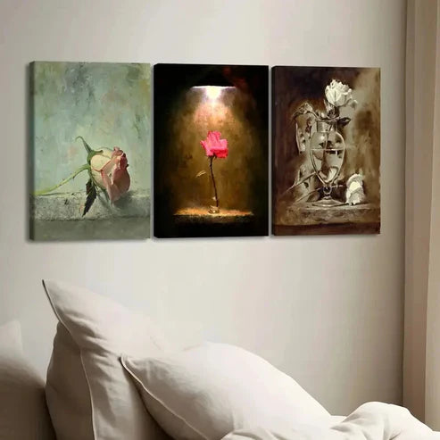 3pcs Vintage Oil Paint Style Roses Leopard Lion Wall Art Set Canvas Unframed - High Quality Print 100% Australian Made Wall Canvas