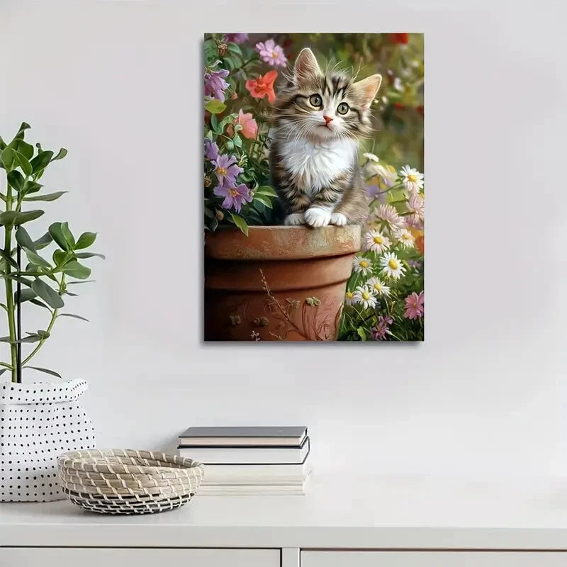 Norwegian Forest Cat Kitten with Flowers Painting 40x60cm Metal Print Ready to Hang - Bella Home Decor