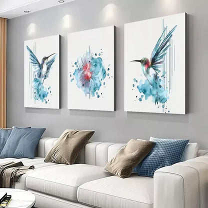 3pcs Creative Vibrant Blue Hummingbird Canvas Unframed - High Quality Print 100% Australian Made Wall Canvas - Bella Home Decor