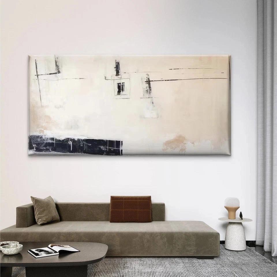 Abstract Beige & Brown Geometri Wall Art Canvas Office Home Room Framed 120x60cm