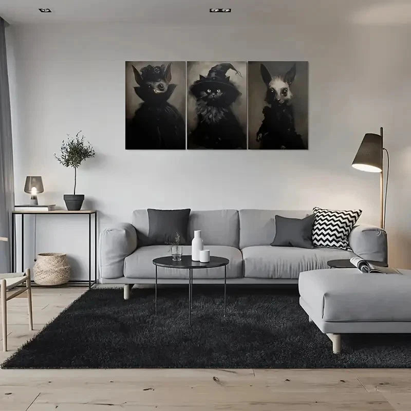 3pcs Whimsical Gothic Animal Bat Cat & Lizard Metal Print Ready to Hang Art