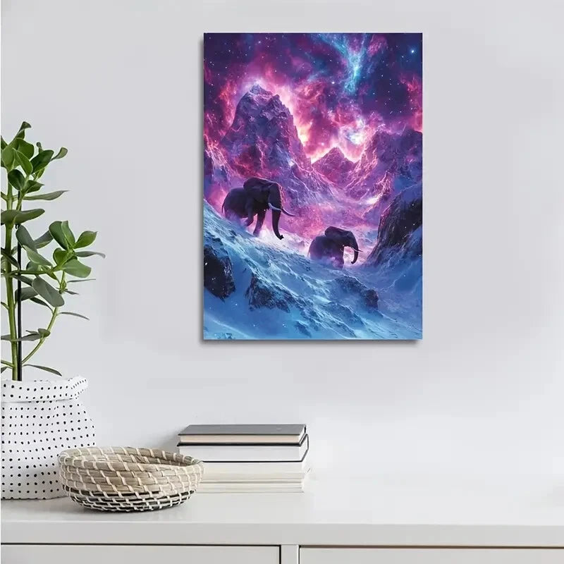 Vibrant Elephant Chase Scene Mystical Snowy Painting 40x60cm Metal Print Ready to Hang - Bella Home Decor