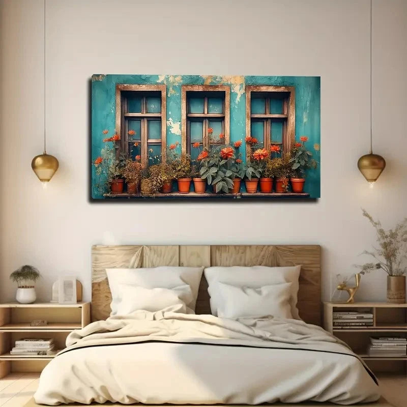 Windowsill Plants Roses Wall Art Canvas Office Home Room Framed 120x60cm