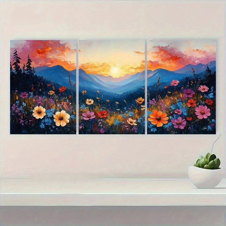 3pcs Romantic Wildflower Meadow Sunset Wall Art Set Canvas Framed 50x70cm - High Quality Print 100% Australian Made Wall Canvas Ready to Hang