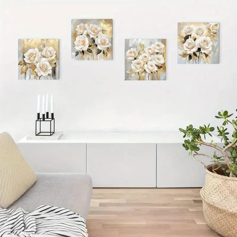 4pcs Flower Art White Floral Vintage Abstract Wall Art Canvas Framed