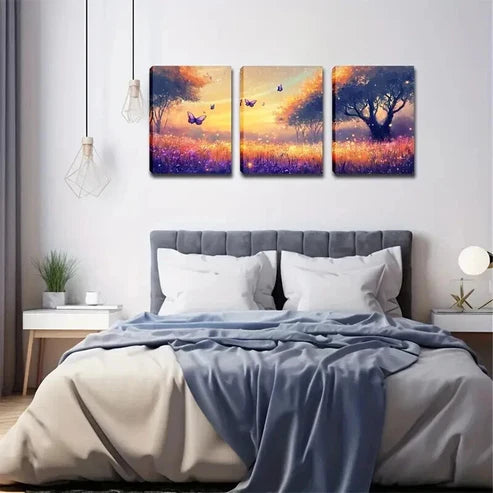 3pcs Sunset & Butterflies Landscape Painting Wall Art Set Canvas Unframed - High Quality Print 100% Australian Made Wall Canvas