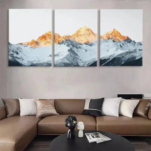 3pcs Snowy Mountain Peak Majestic Golden Perfect Wall Art Set Canvas Unframed - High Quality Print 100% Australian Made Wall Canvas