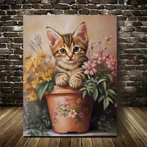 Flowers And Plants Cute Bengal Kitten Painting 40x60cm Metal Print Ready to Hang - Bella Home Decor