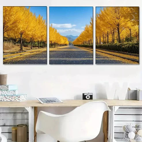 3pcs Golden Autumn Avenue Triptych Wall Art Set Canvas Framed 60x90cm - High Quality Print 100% Australian Made Wall Canvas Ready to Hang