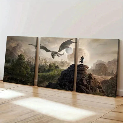 3pcs Fantasy Creature Dragon Decoration Wall Art Set Canvas Framed 60x90cm - High Quality Print 100% Australian Made Wall Canvas Ready to Hang - Bella Home Decor