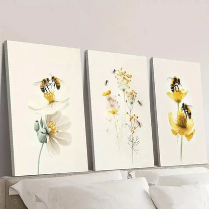 3pcs Flowers and Bees Collecting Nectar Wall Art Canvas Unframed - High Quality Print 100% Australian Made Wall Canvas - Bella Home Decor