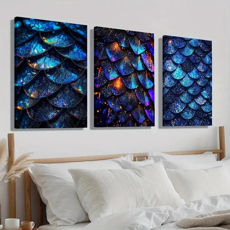 3pcs Blue Glitter Scales Décor Modern Perfect Wall Art Set Canvas Framed 40x60cm - High Quality Print 100% Australian Made Wall Canvas Ready to Hang - Bella Home Decor