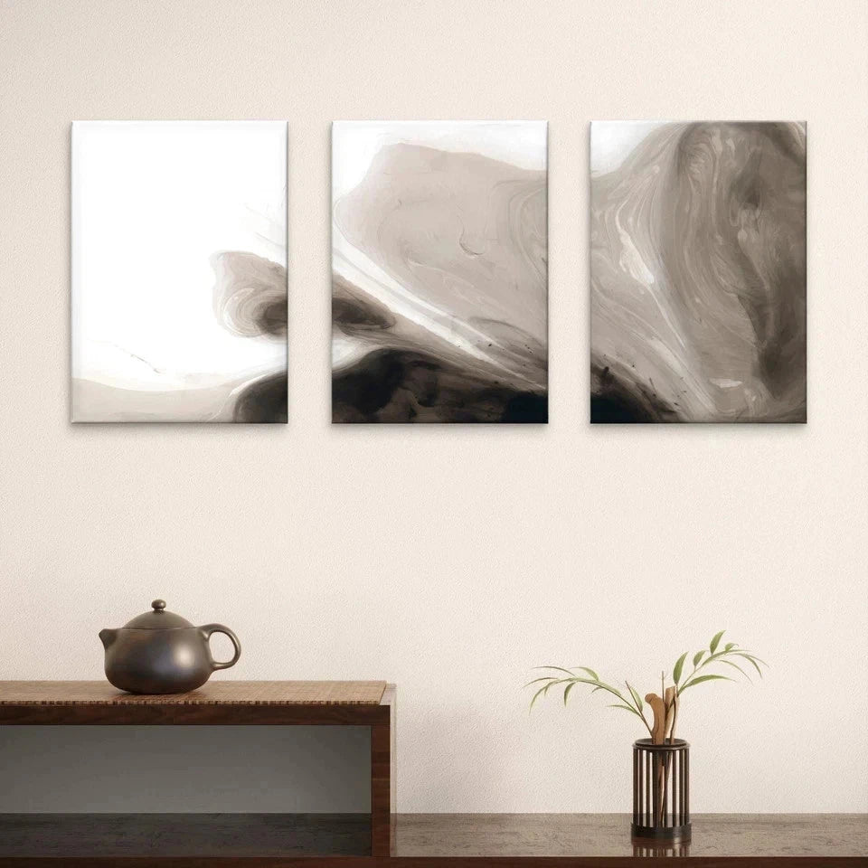 3pcs Neutral Fluid Marble and Liquid Beige Wall Art Set Canvas Framed 50x70cm - High Quality Print 100% Australian Made Wall Canvas Ready to Hang