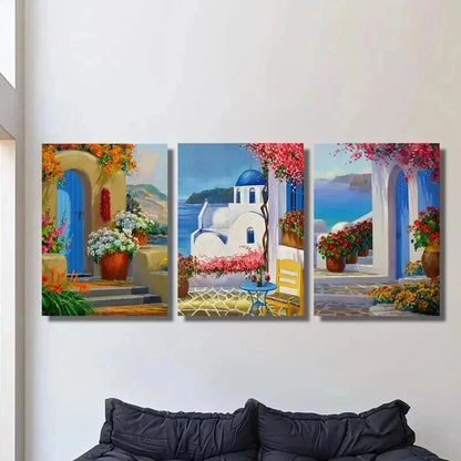 3pcs Santorini Greece Landscape & Floral Garden Wall Art Set Canvas Framed 50x70cm - High Quality Print 100% Australian Made Wall Canvas Ready to Hang