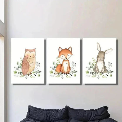 3pcs Cute Owl Fox and Rabbit Decoration  Wall Art Set Canvas Unframed - High Quality Print 100% Australian Made Wall Canvas - Bella Home Decor