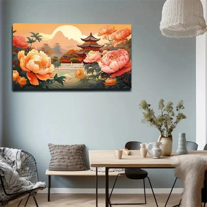 Vibrant Oriental Landscape Deco Wall Art Canvas Office Home Room Framed 120x60cm