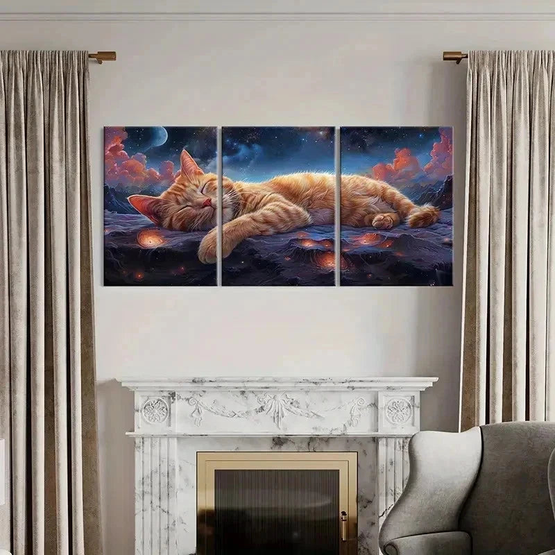 3pcs Slumbering Cat In The Stars Background Wall Art Set Canvas Framed 60x90cm - High Quality Print 100% Australian Made Wall Canvas Ready to Hang