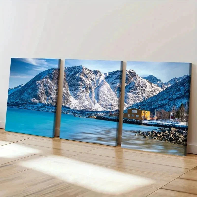 3pcs Snow Mountain Coast Hut Modern Wall Art Set Canvas Framed 50x70cm - High Quality Print 100% Australian Made Wall Canvas Ready to Hang
