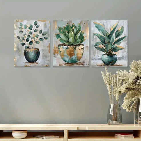 3pcs Green Botanical Succulent Paintings Wall Art Canvas Unframed - High Quality Print 100% Australian Made Wall Canvas