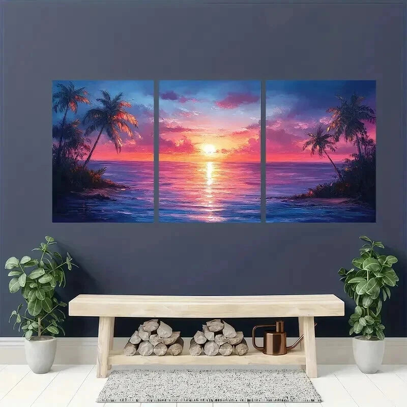 3pcs Vibrant Palm Tree Sunset & Ocean Wall Art Set Canvas Framed 50x70cm - High Quality Print 100% Australian Made Wall Canvas Ready to Hang - Bella Home Decor
