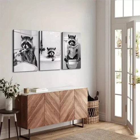 3pcs Abstract Raccoon in Funny Situations Wall Art Canvas Unframed - High Quality Print 100% Australian Made Wall Canvas - Bella Home Decor
