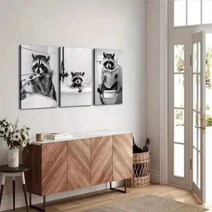 3pcs Abstract Raccoon in Funny Situations Wall Art Canvas Unframed - High Quality Print 100% Australian Made Wall Canvas - Bella Home Decor