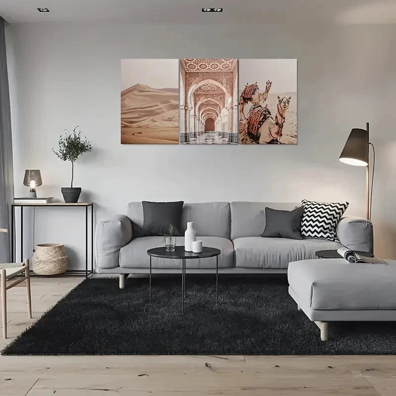 3pcs Elegant Sand Dunes Archways & Camels Metal Print Ready to Hang Art