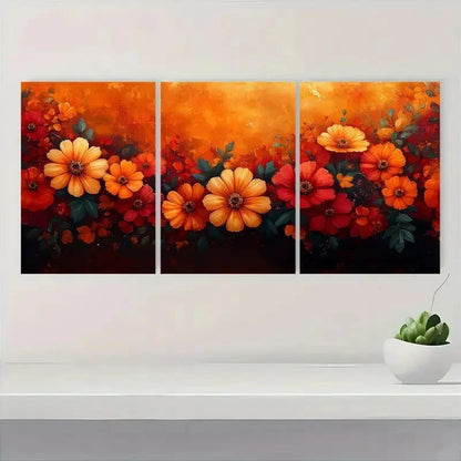 3pcs  Vibrant Autumn Flowers in Orange, Yellow   Framed Wall Art Set Canvas Framed 50x70cm - High Quality Print 100% Australian Made Wall Canvas Ready to Hang - Bella Home Decor