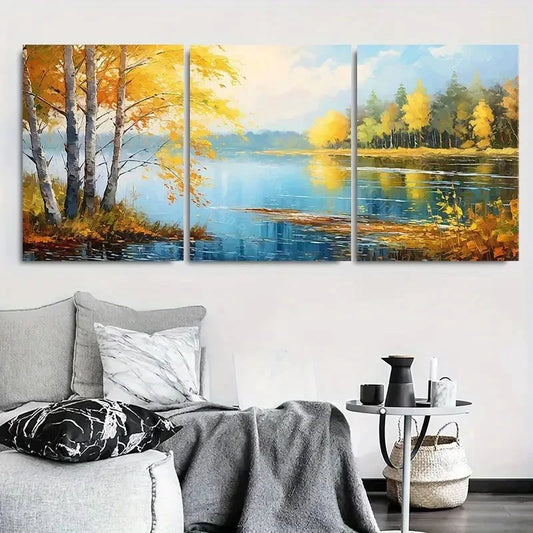 3pcs Autumn Reflections Golden Birch Trees Wall Art Set Canvas Framed 60x90cm - High Quality Print 100% Australian Made Wall Canvas Ready to Hang