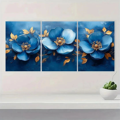 3pcs Blue and Golden Abstract Floral Metal Print Ready to Hang Art - Bella Home Decor