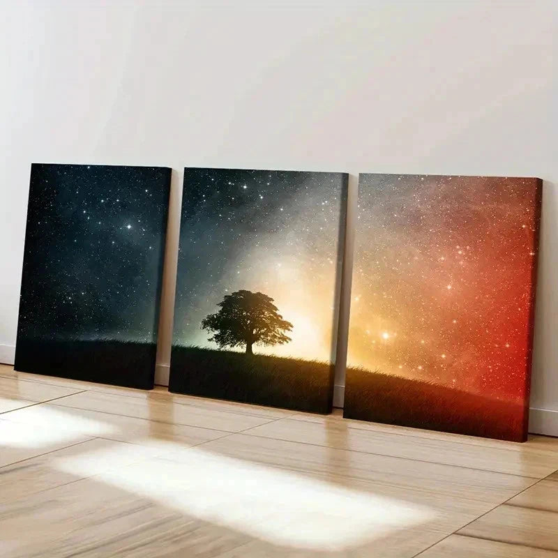 3pcs Trees Under The Stars Night View  Wall Art Set Canvas Framed 50x70cm - High Quality Print 100% Australian Made Wall Canvas Ready to Hang