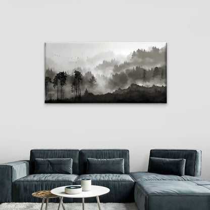 Black White Forest Misty Wall Art Canvas Office Home Room Framed 120x60cm
