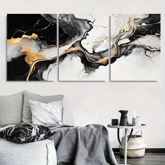 3pcs Black Golden White Fluid Design Wall Art Set Canvas Framed 60x90cm - High Quality Print 100% Australian Made Wall Canvas Ready to Hang