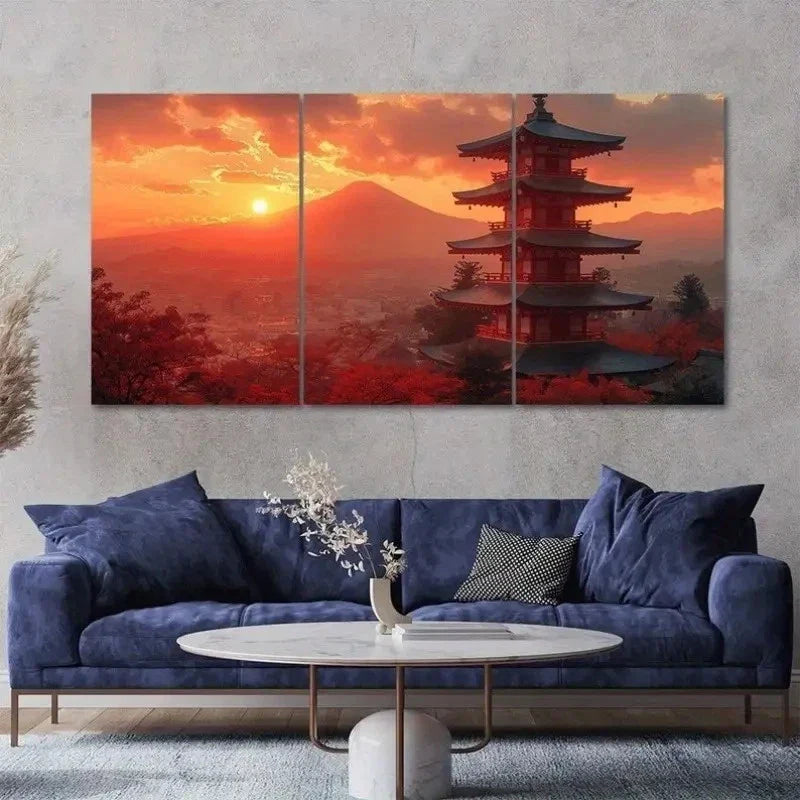 3pcs Japanese Temple Mount Fuji Wall Art Canvas Unframed – High Quality Print 100% Australian Made Wall Canvas