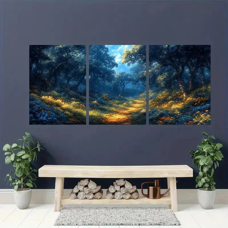 3pcs Mystical Blue and Golden Enchanted Forest Wall Art Set Canvas Framed 40x60cm - High Quality Print 100% Australian Made Wall Canvas Ready to Hang