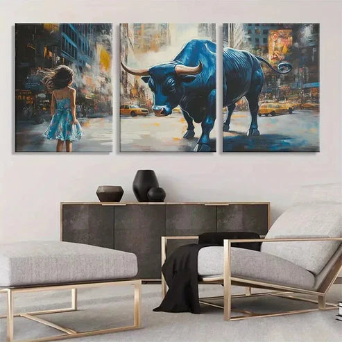 3pcs Fearless Girl and Bull Powerful Wall Art Canvas Unframed - High Quality Print 100% Australian Made Wall Canvas