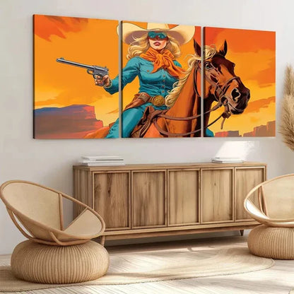 3pcs Vintage Art Cow Girl Style Brown Horse Lady Wall Art Set Canvas Unframed - High Quality Print 100% Australian Made Wall Canvas