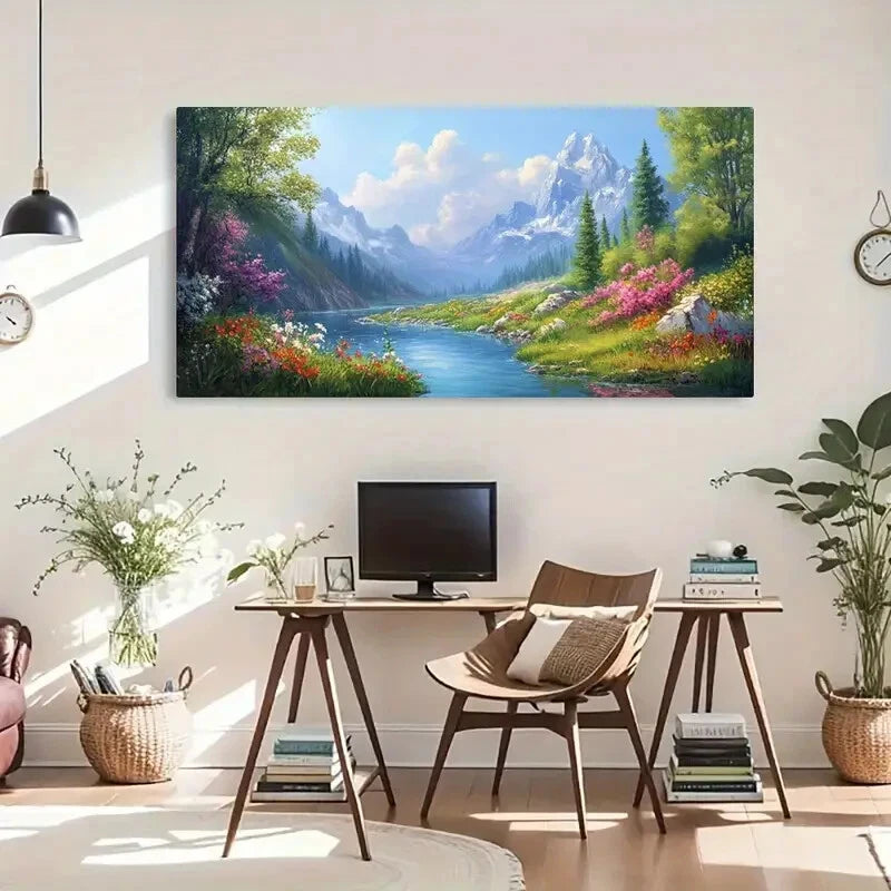 River & Mountain Landscape Wall Art Canvas Office Home Room Framed 120x60cm - Bella Home Decor