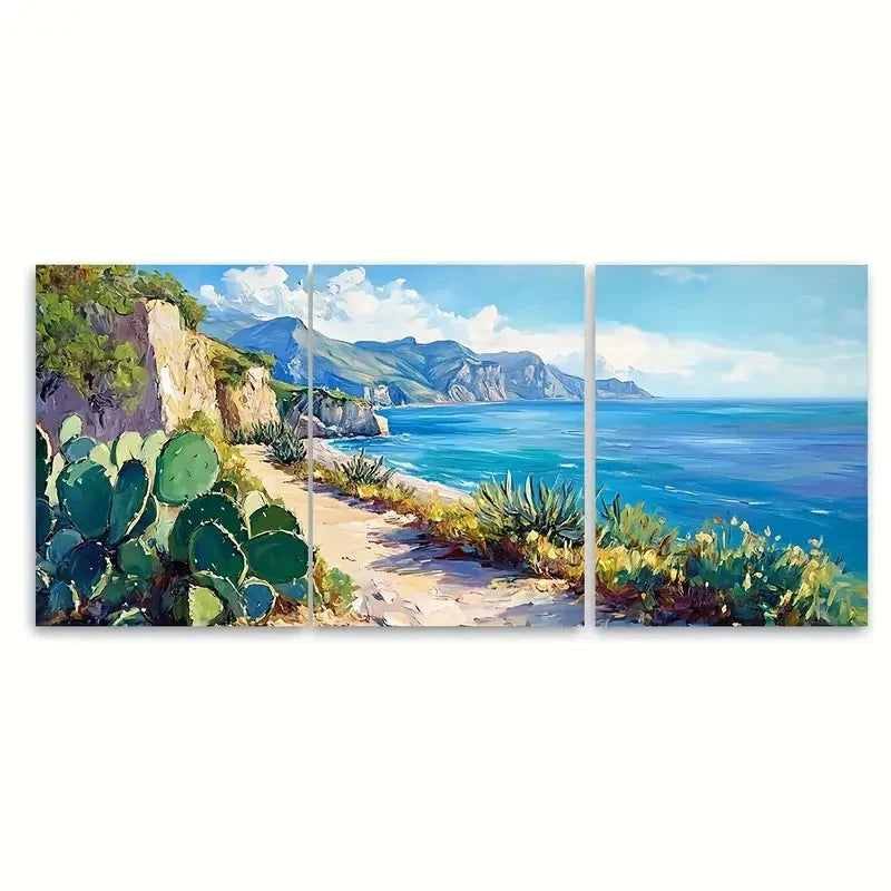 3pcs Sicily Coast Beach Artwork Cacti RT  Wall Art Set Canvas Framed 50x70cm - High Quality Print 100% Australian Made Wall Canvas Ready to Hang