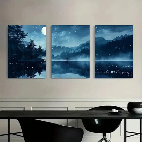 3pcs Moonlit Forest ,Tranquil Mountain Wall Art Set Canvas Unframed - High Quality Print 100% Australian Made Wall Canvas