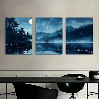 3pcs Moonlit Forest ,Tranquil Mountain Wall Art Set Canvas Unframed - High Quality Print 100% Australian Made Wall Canvas