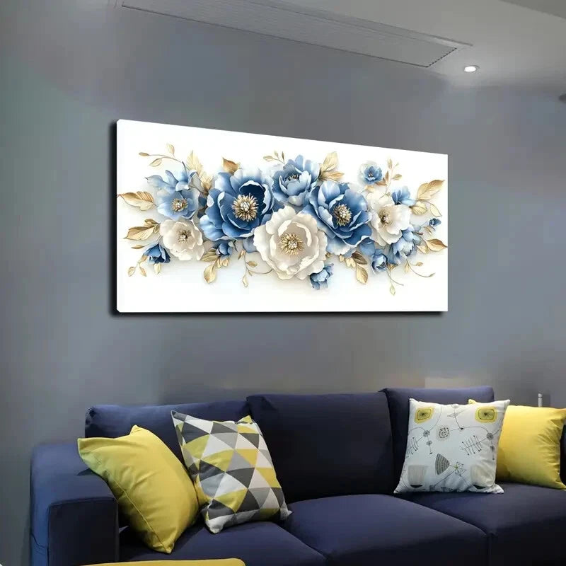 Blue & White Flower Design Wall Art canvas office home room framed 120x60cm - Bella Home Decor