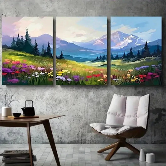 3pcs Alpine Wildflower Meadow Mountain Wall Art Set Canvas Framed 60x90cm - High Quality Print 100% Australian Made Wall Canvas Ready to Hang