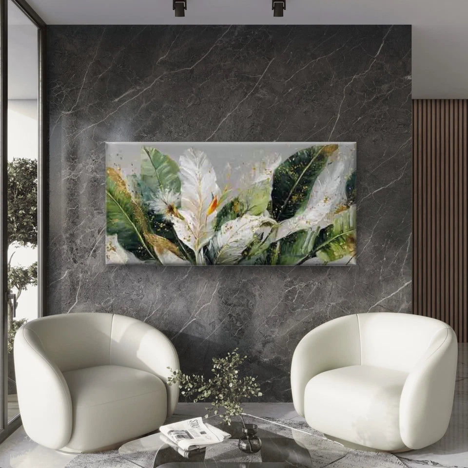 White Feathers Green Leaves Wall Art Canvas Office Home Room Framed 120x60cm
