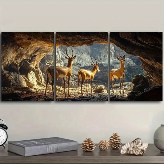 3pcs A group of antelope in the cave Wall Art Set Canvas Framed 40x60cm - High Quality Print 100% Australian Made Wall Canvas Ready to Hang