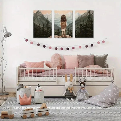 3pcs Adventure Nursery Woodland Girl Décor Wall Art Set Canvas Framed 60x90cm - High Quality Print 100% Australian Made Wall Canvas Ready to Hang - Bella Home Decor