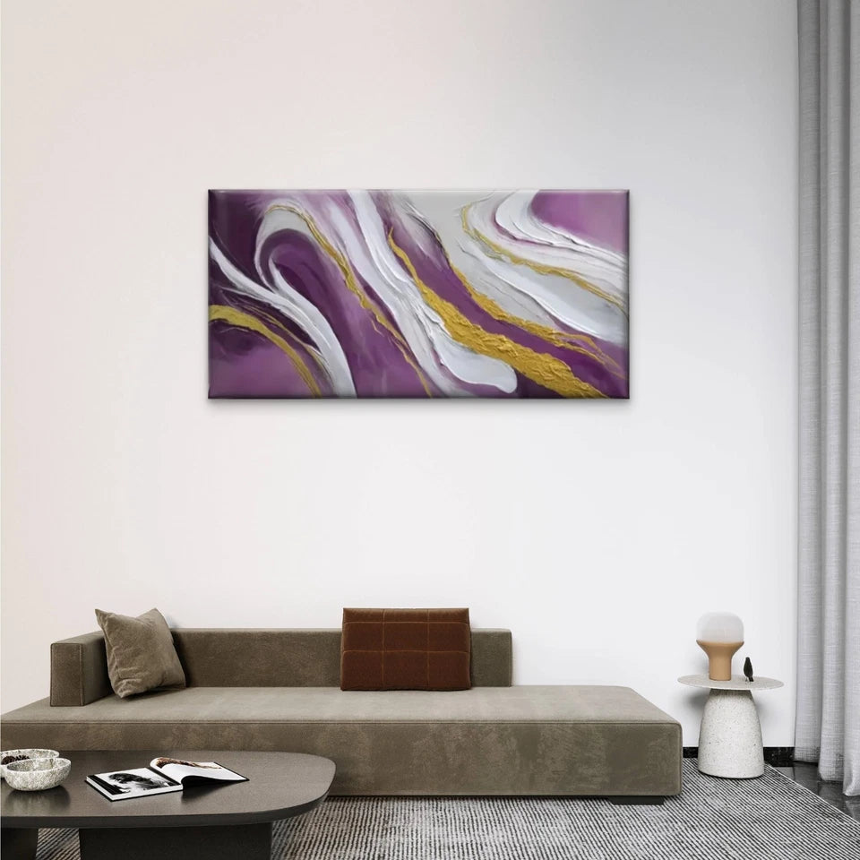 Purple Golden Swirl Abstract Wall Art Canvas Office Home Room Framed 120x60cm