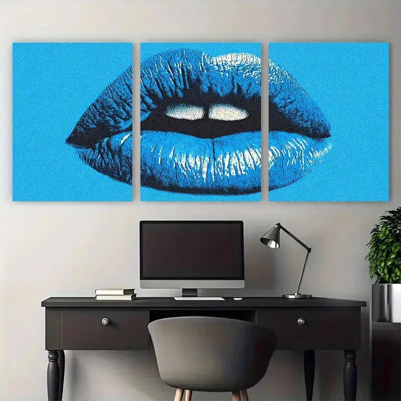 3pcs Blue Kiss Lips Retro Coquette Perfect  Wall Art Set Canvas Framed 40x60cm - High Quality Print 100% Australian Made Wall Canvas Ready to Hang - Bella Home Decor