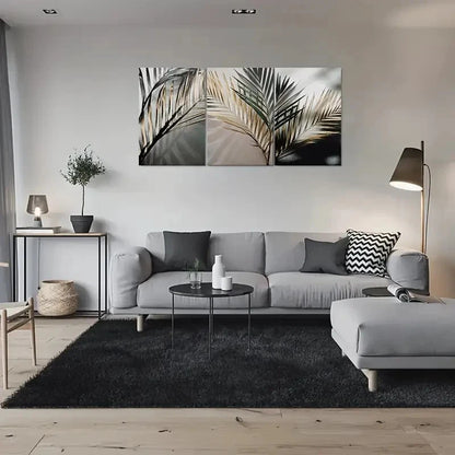 3pcs Black & Golden Green White Palm Leaf Wall Art Set Canvas Framed 60x90cm - High Quality Print 100% Australian Made Wall Canvas Ready to Hang - Bella Home Decor