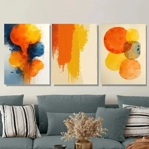 3pcs Modern Abstract Watercolor Vibrant Orange Wall Art Set Canvas Unframed - High Quality Print 100% Australian Made Wall Canvas